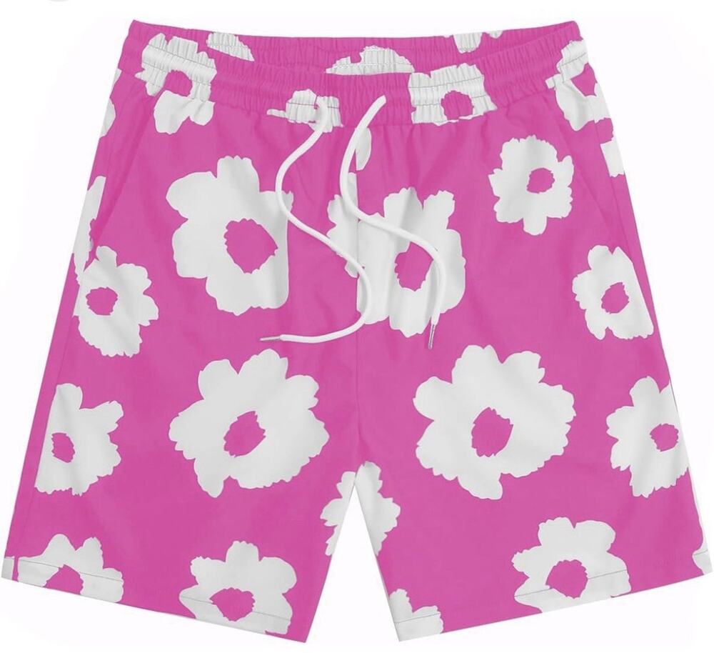 Men's Floral Graphic Print Drawstring Shorts With Pockets Pink Size S